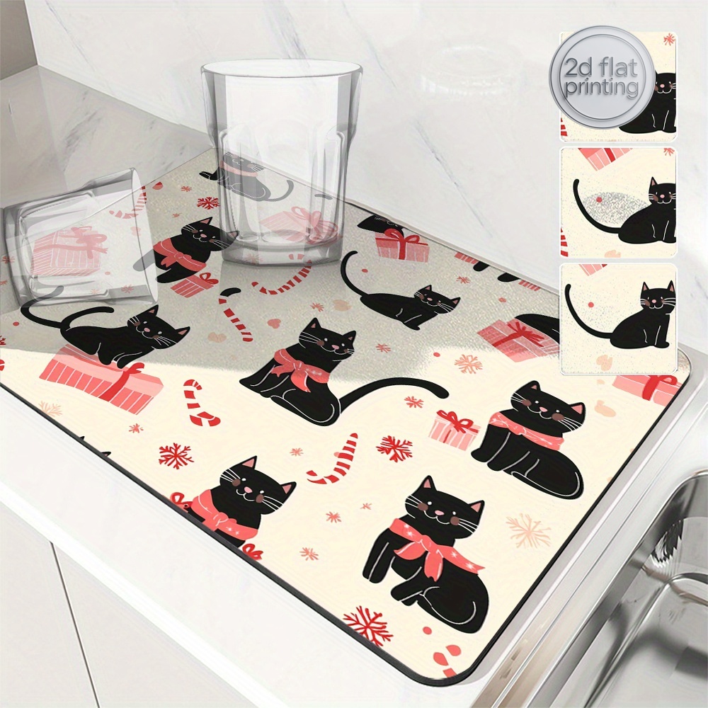 Tea Coffee Utensils - 1pc クリスマス黒猫ギフト吸収マット、キッチン乾燥マット、ティーコースター、コーヒーコースター、バスルーム吸収マット、食器乾燥マット