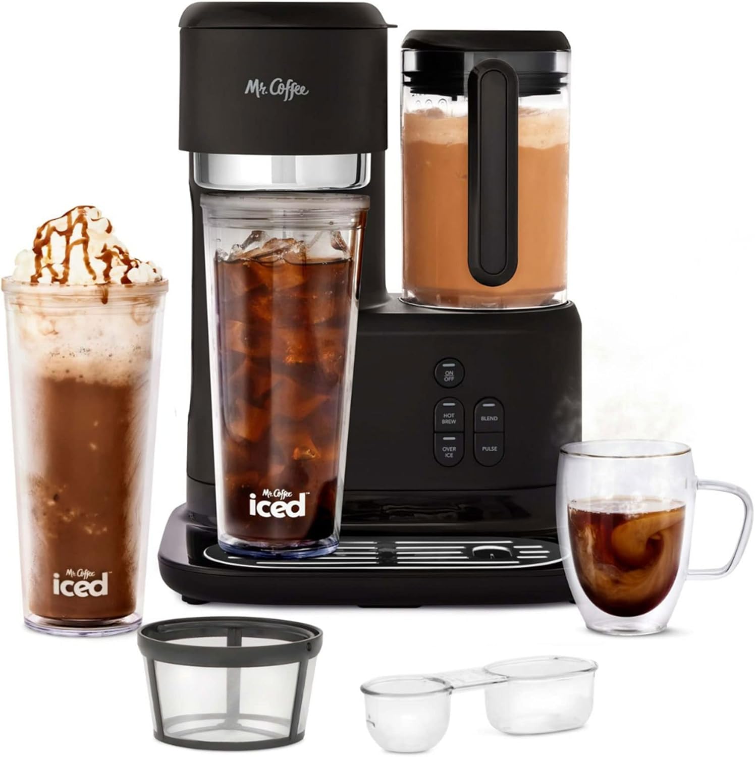 Coffee Tea Recipe - 3in1 ホット＆アイスコーヒー/ティーメーカー（内蔵ブレンダー付き）、再利用可能なフィルター、スクープ、レシピブック、タンブラー2個、蓋、ストロー付き