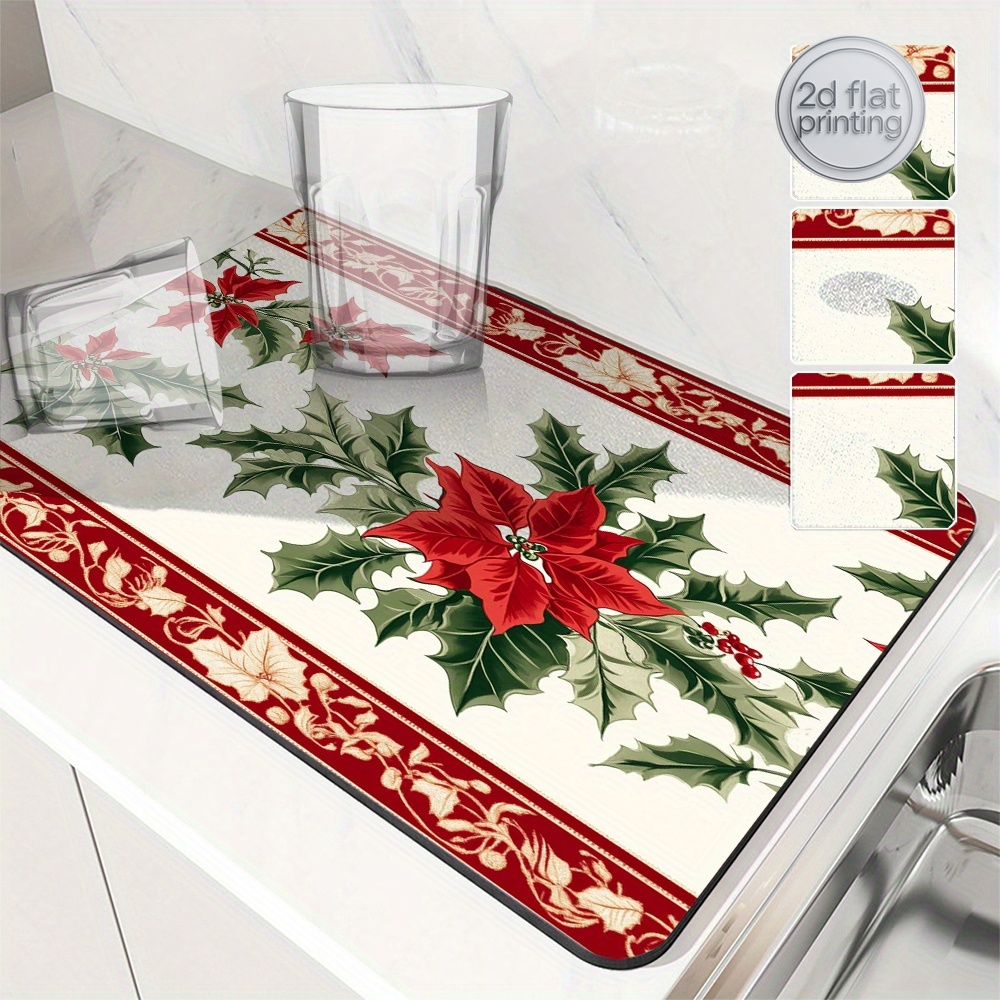 Tea Coffee Utensils - 1pc クリスマスポインセチアホリー吸収マット、キッチン乾燥マット、ティーコースター、コーヒーコースター、バスルーム吸収マット、食器D