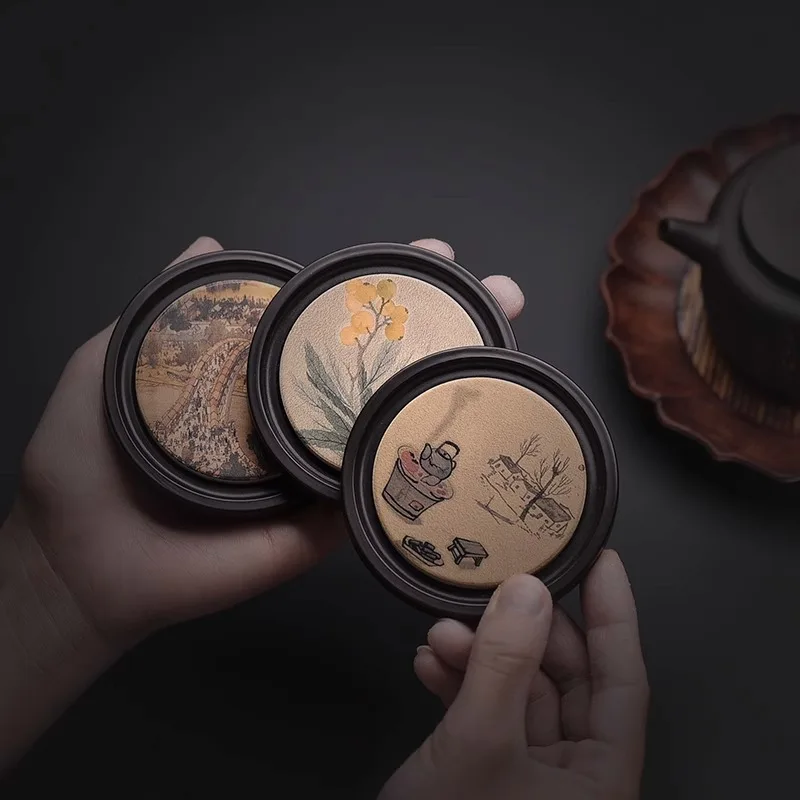 Coffee Tea In Chinese - 丸い木製カップマット耐熱コースター中国風クリエイティブカンフー茶道コーヒーテーブルプレースマットキッチンアクセサリー
