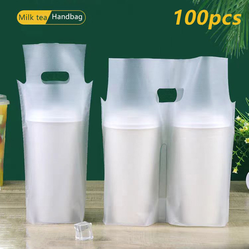 Coffee Tea Milk - 100 個シングル/ダブルカップミルクティー包装袋つや消し透明使い捨て飲料ビニール袋コーヒーテイクアウトトートバッグ