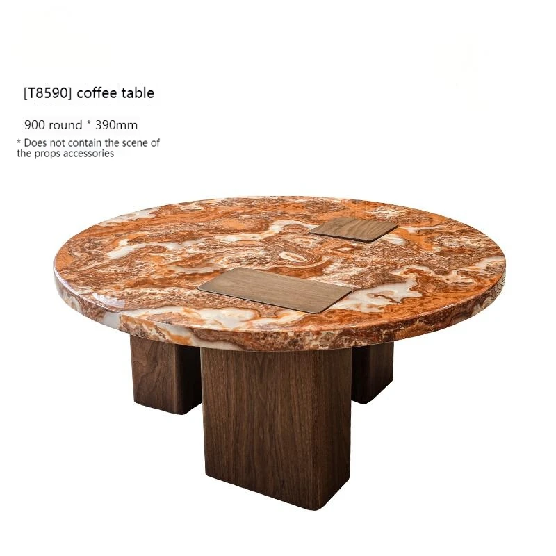 Tea And Coffee Fusion - コーヒーテーブル - 丸型と正方形の融合 リビングルームの中心部に置く 火山岩ティーテーブル 木製ベース付き