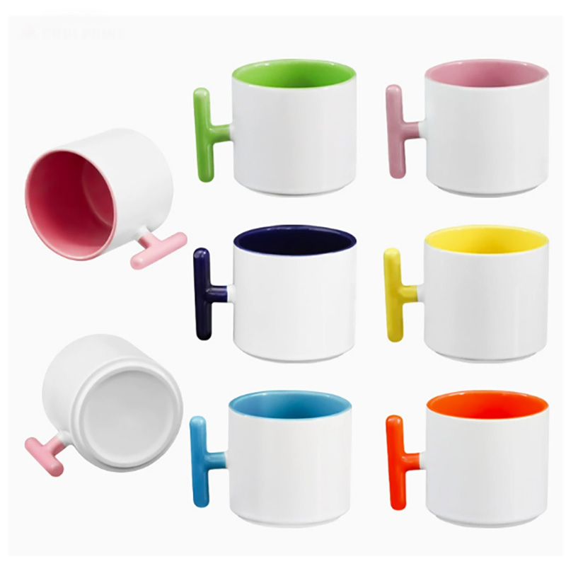 Coffee Tea Logo - 2個セット クリエイティブT字型ハンドル セラミックマグカップ 昇華ブランク カラーコーヒーマグ ティーカップ
