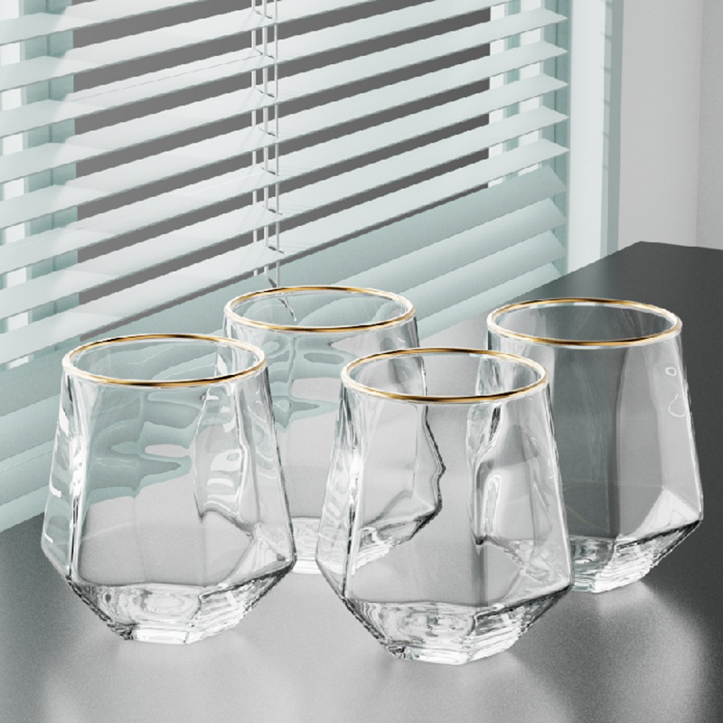 Tea Coffee Utensils - パーソナライズされた六角形のカップセット,ワイン器具,ユニークなコールドドリンクカップ,ゴールデンエッジグラス,コーヒー,ジュース,ティーカップ,コーヒー,320ml, 4個