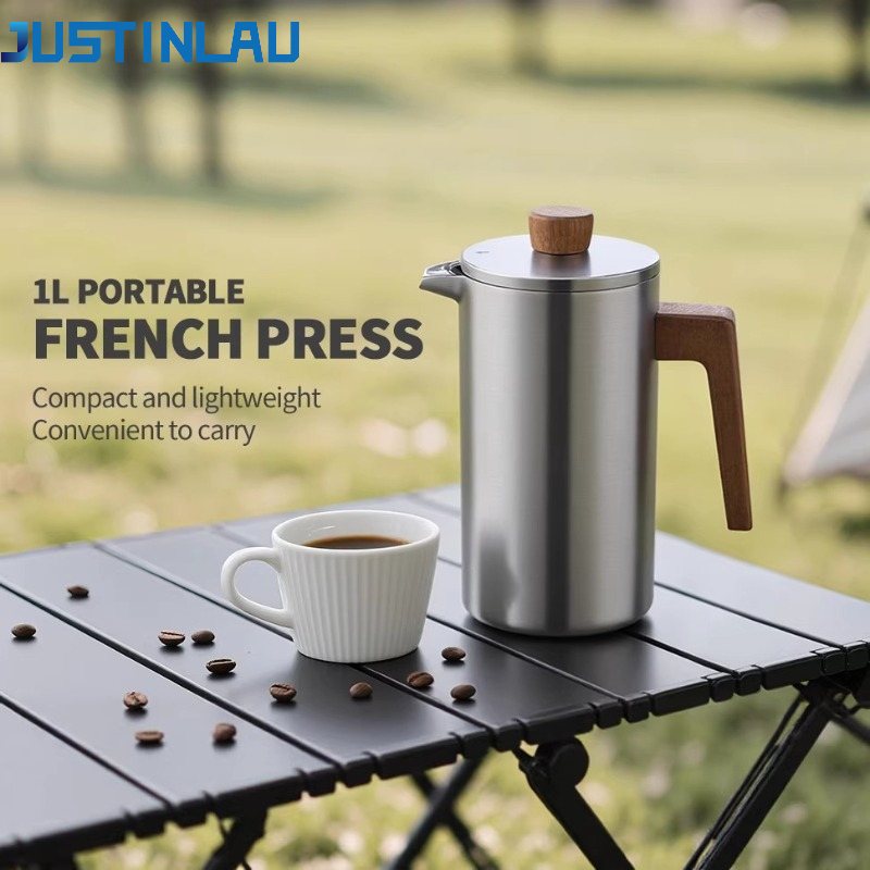 Coffee Tea Pots - JUSTINLAU 1000ml ステンレス鋼フレンチプレスポット 家庭用コーヒー＆ティーメーカー 木製ハンドル＆目盛り付き アウトドアキャンプ用コーヒーポット