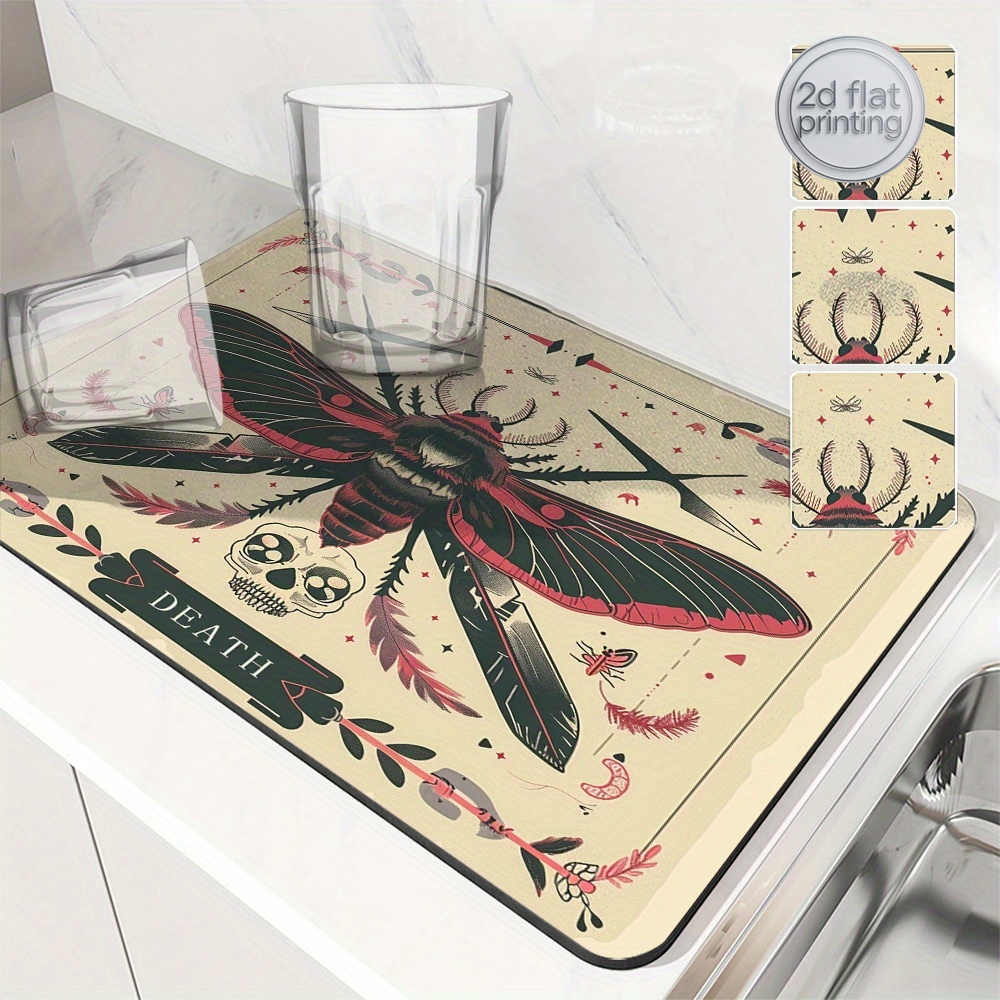 Tea Coffee Utensils - 1pc カードモススカルゴシック吸収マット、キッチン乾燥マット、ティーコースター、コーヒーコースター、バスルーム吸収マット、食器乾燥マット