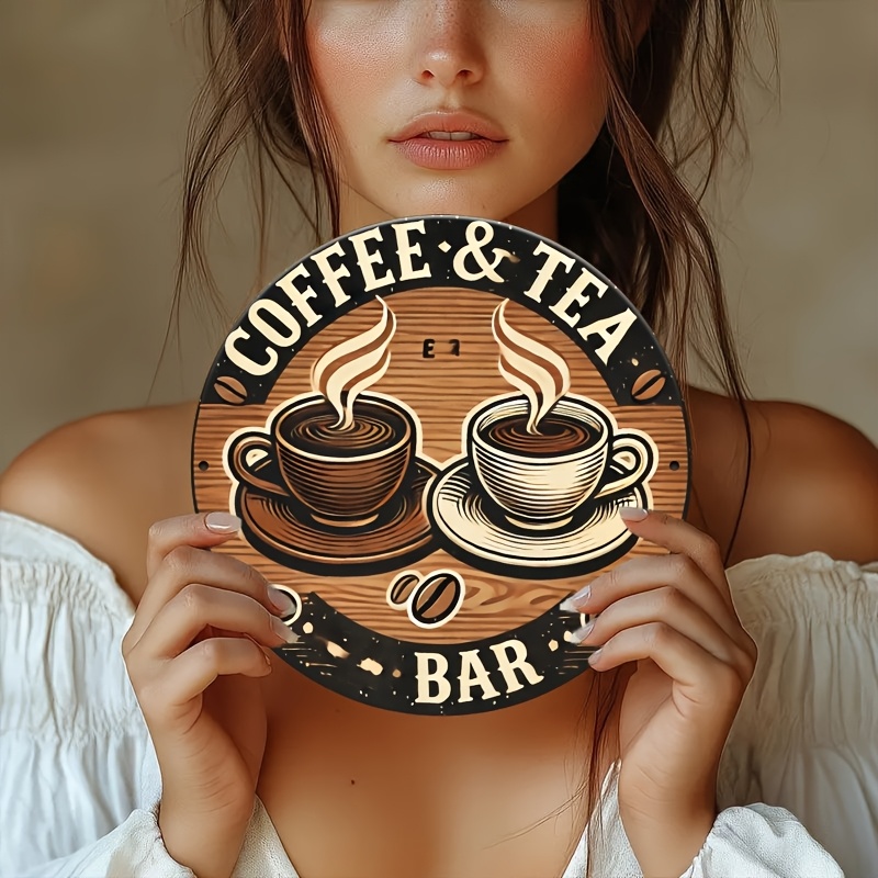 Coffee Tea Logo - [2D フラット] アルミニウム製コーヒーと紅茶の看板、レトロな円形ロゴ、ブリキ製の金属ロゴ、ノベルティ、ガレージ、バー、キッチン、ルール、ユーモラス、