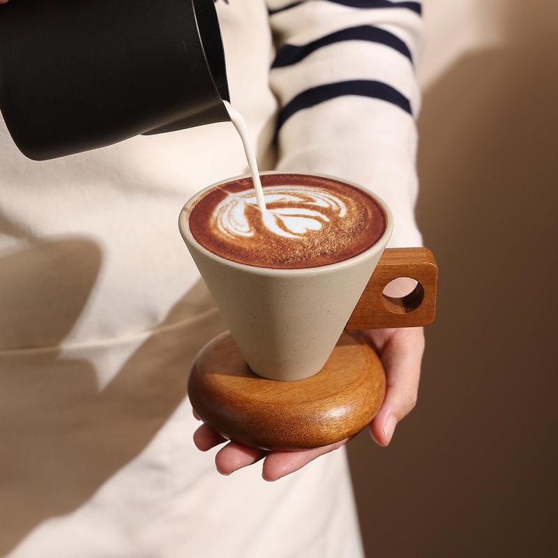 Tea Coffee Utensils - レトロコーヒーカップ 耐熱円錐形セラミックコーヒーカップ 木製ベース＆ハンドル付きアフタヌーンティーカップ コーヒー用品