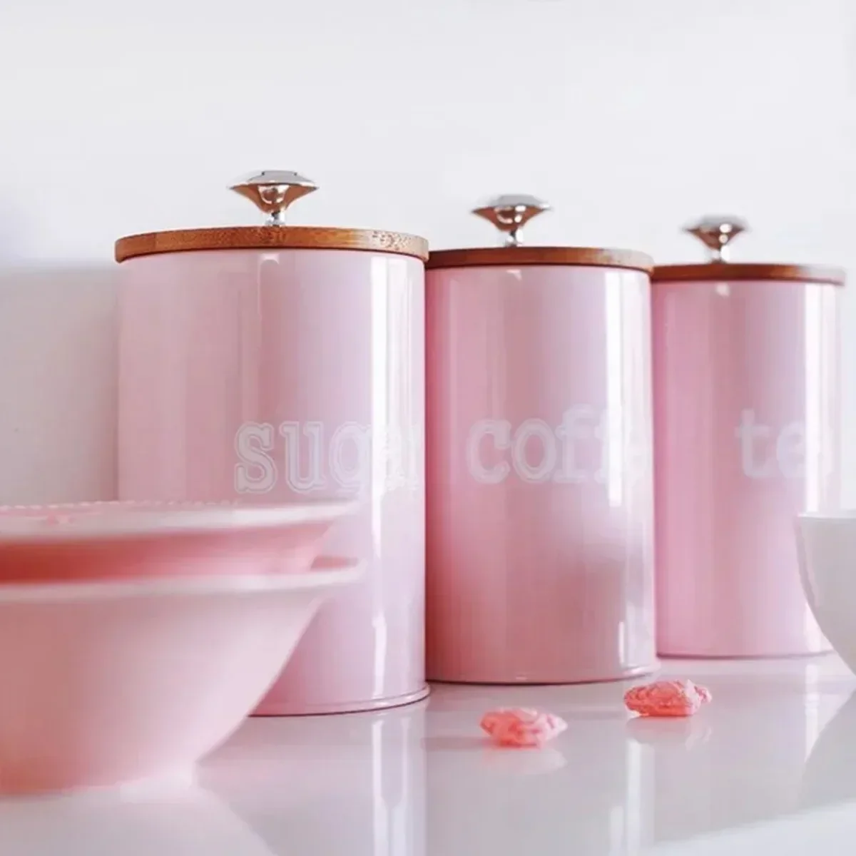 Tea Coffee Utensils - 3 ピース/セット茶コーヒー砂糖収納スパイス瓶キャンディーポット蓋付き収納タンクスチールキッチンオーガナイザー器具竹カバーボックス