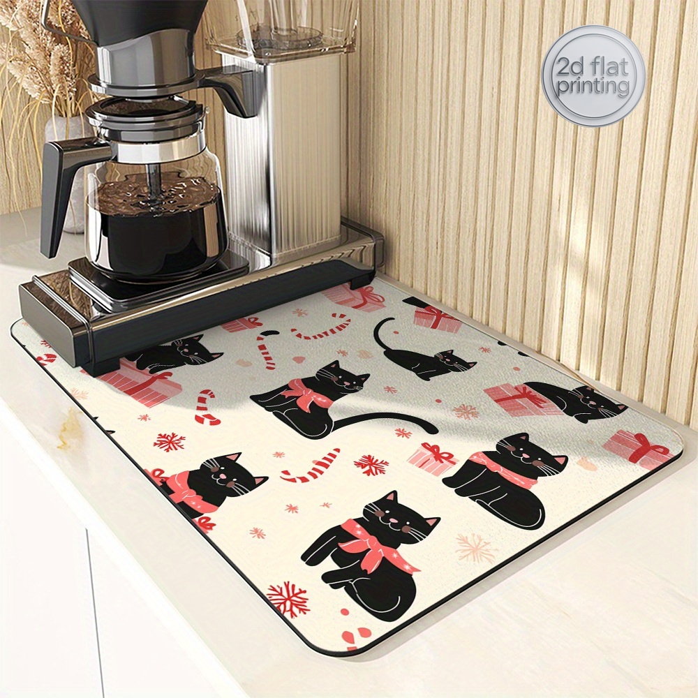 1pc クリスマス黒猫ギフト吸収マット、キッチン乾燥マット、 - Tea Coffee Utensils のレビューと価格