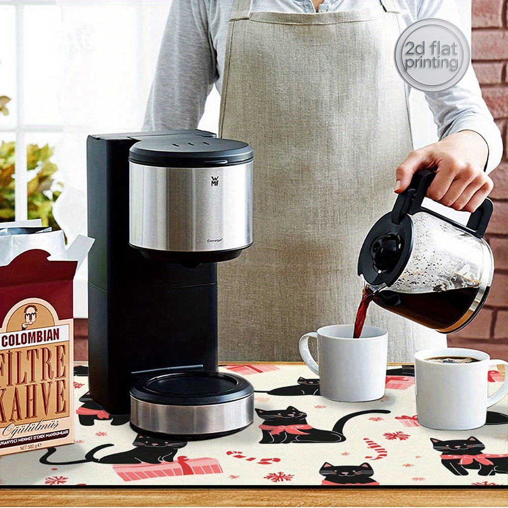 1pc クリスマス黒猫ギフト吸収マット、キッチン乾燥マット、 - Tea Coffee Utensils のレビューと価格