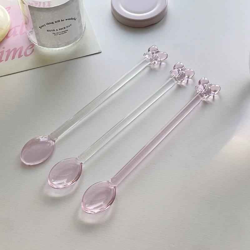 ピンクのリボンが付いたガラス製コーヒースプーン、耐熱性のある - Tea Coffee Utensils のレビューと価格