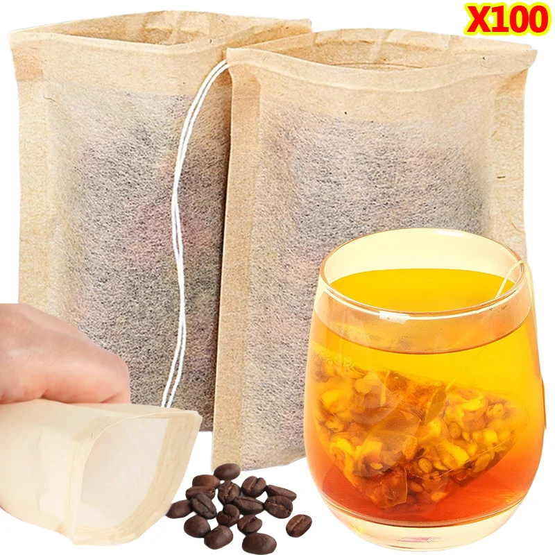 100 個ティーバッグ巾着フィルター付き空のティーバッグコー - Coffee Tea Bean Leaf のレビューと価格