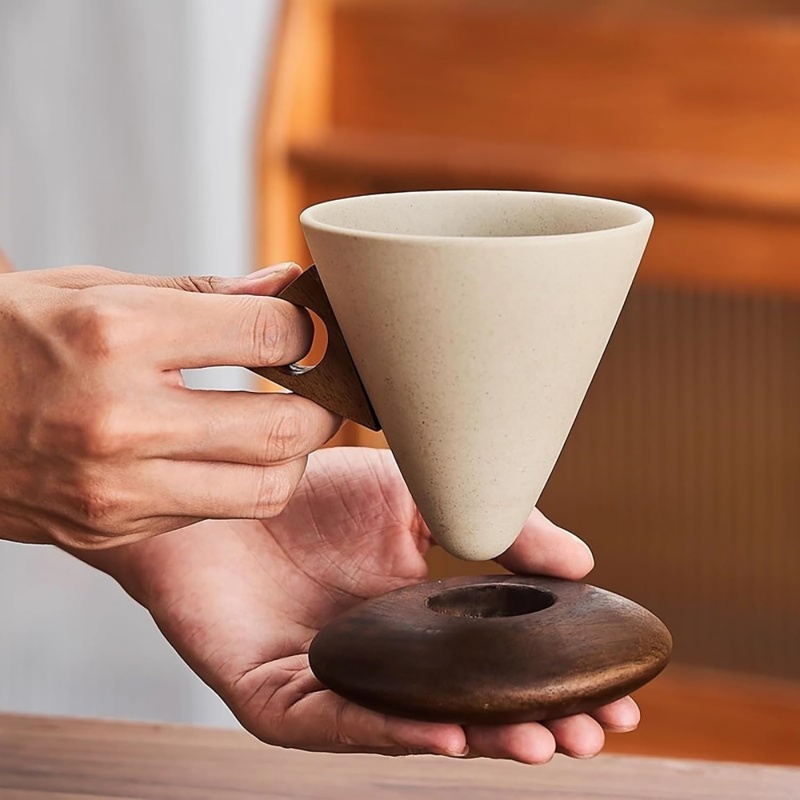 レトロコーヒーカップ 耐熱円錐形セラミックコーヒーカップ 木 - Tea Coffee Utensils のレビューと価格